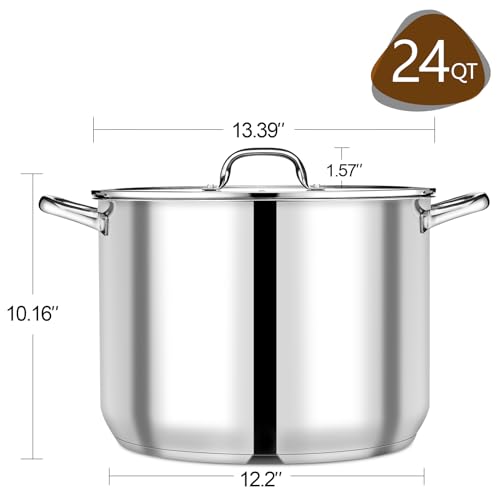 24 Qt Stainless Steel Stock Pot with Lid – Large Cooking Soup Pot for Home & Commercial Use