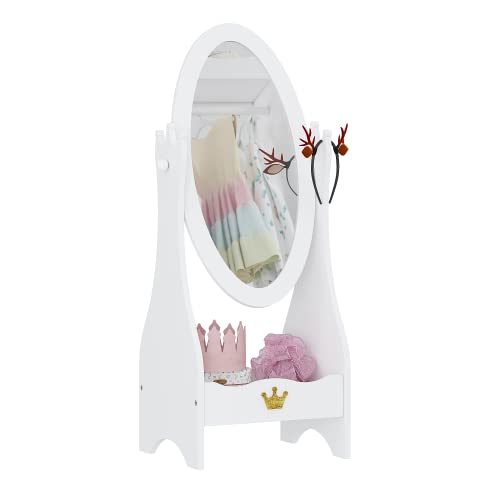 Kids Full Length Floor Mirror with Crown Design, Adjustable Angle & Storage