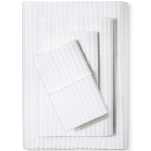 White Stripe King Size Cotton Sateen Bed Sheet Set - 500 TC, 4-Piece