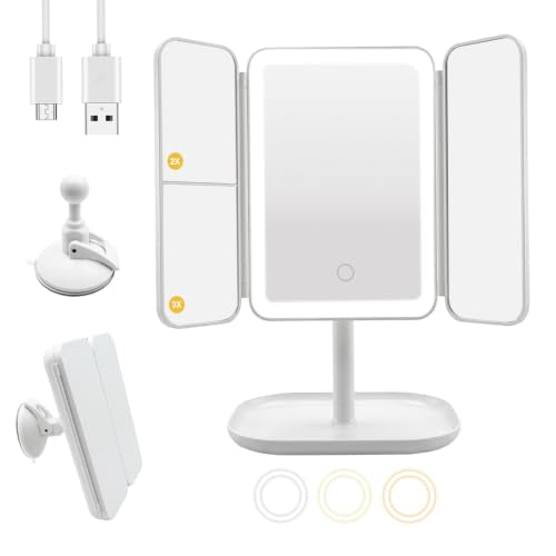 Rechargeable Trifold Makeup Mirror with Lights & Suction - 3X/2X/1X Magnification, 360° Rotation, Portable Vanity for Travel & Bedroom