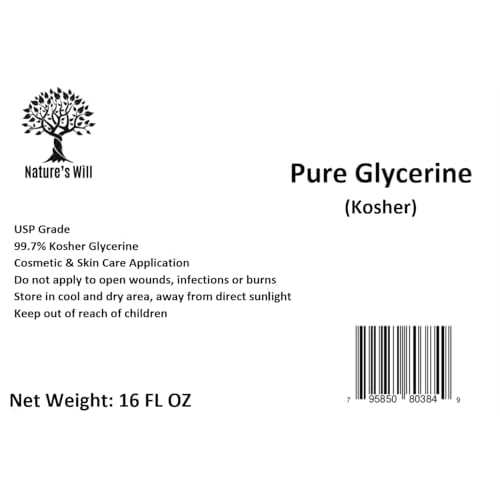 Nature's Will Pure Glycerine/Glycerin USP, FCC Grade For Cosmetic, Natural Moisturizer & Cleanser for Skin, Hair, Crafts, Soap Base Oil - Kosher, Halal Certified 16 FL OZ