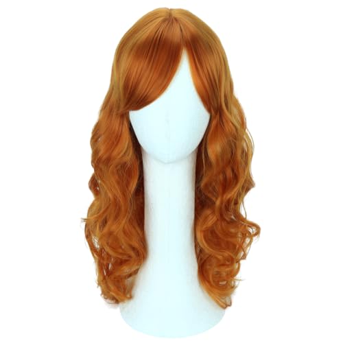 RightOn Orange Long Curly Wig with Bangs for Women - 55cm Synthetic Party Hair