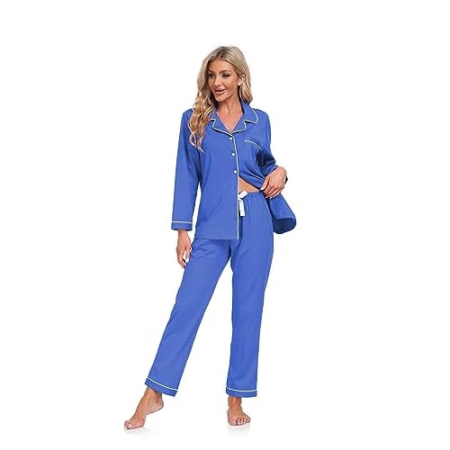 COLORFULLEAF Women's 100% Cotton Long Sleeve Pajama Sets Button Down Notched Collar Sleepwear Soft Lounge Pjs with Pockets
