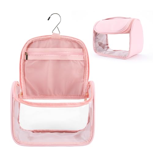 YFG Travel Toiletry Bag for Women & Men, Transparent Cosmetic Organizer with Hook, Portable, Organizer, for Travel-Sized Shampoo, makeup Accessories, Brushes Set, Conditioner, Medium Size Pink