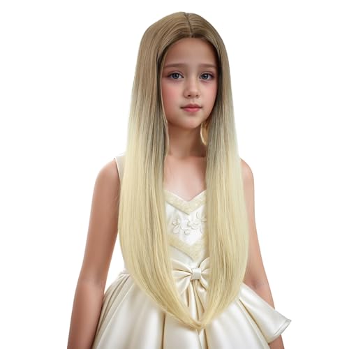 Edivd Girls Brown Ombre Blonde Long Straight Wig for Kids - Heat Resistant Synthetic Hair with Cap