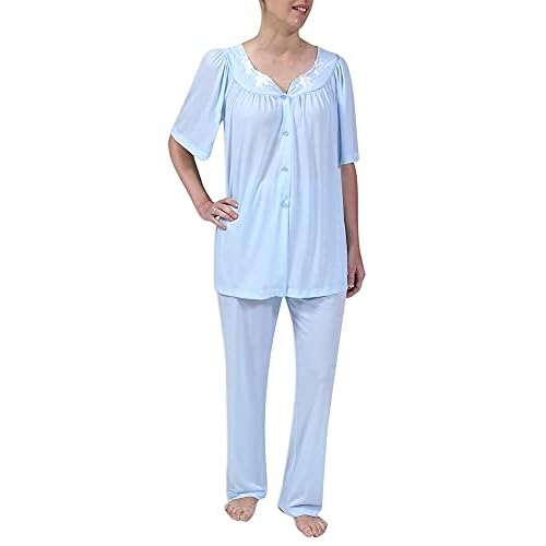 Miss Elaine PJ Set - Women's Nylon Tricot Pajama Set, Short Sleeves, Round Neckline with Embroidered Trim, Button Front Top