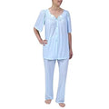 Miss Elaine PJ Set - Women's Nylon Tricot Pajama Set, Short Sleeves, Round Neckline with Embroidered Trim, Button Front Top