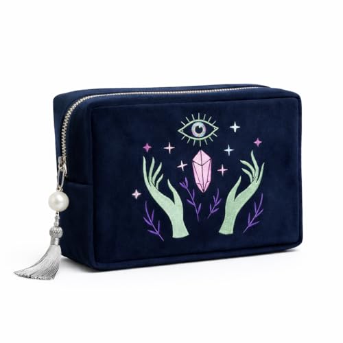Velvet Zipper Pouch for Tarot Decks Crystals and Makeup - Mystical Organizer with Embroidery