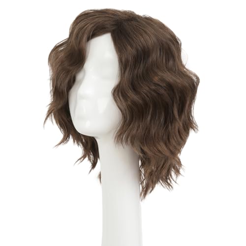 Layered Brown Short Curly Wigs for Men Unisex Cosplay Halloween Anime Wavy Hair - Fluffy & Natural