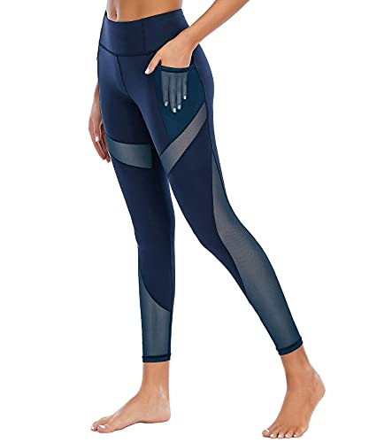 Women's High Waist Yoga Pants with Side Pockets & Mesh Insert - Small Navy Blue