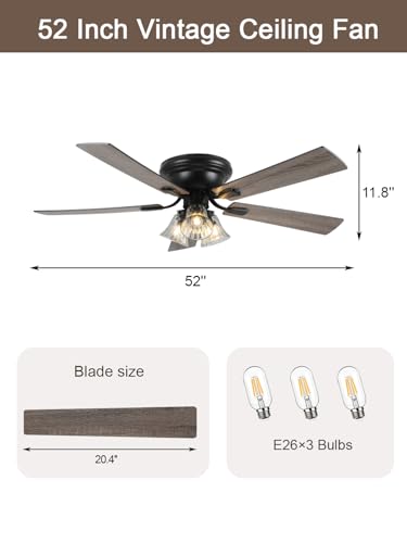 Vintage 52 Inch Flush Mount Ceiling Fan with Lights & Remote - Farmhouse Rustic Style