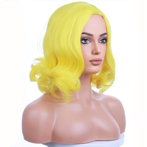 Yellow Short Curly Wavy Wig for Women Girls - Heat Resistant Synthetic Costume Cosplay