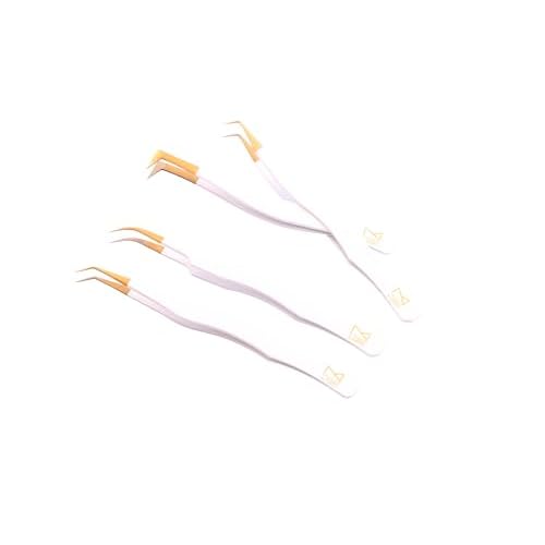 M LASH Eyelash Tweezers for Eyelash Extensions (Set of 4) - Professional Lash Extension Tweezers - Fiber Tip Lash Tweezers, Japanese Steel, Diamond Grip For Flawless Application (White)