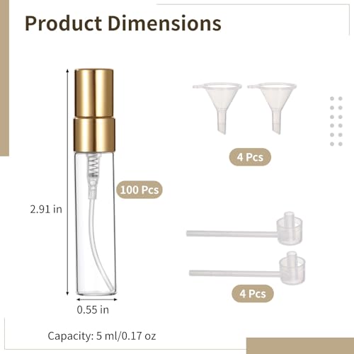Lnrueg 100 Pcs 5 ml Mini Spray Bottles - 0.17 oz Refillable Glass Perfume Bottles, Portable Travel Sample Containers with Caps, Fine Mist Atomizers with 4 Funnels and 4 Dispensers, Gold