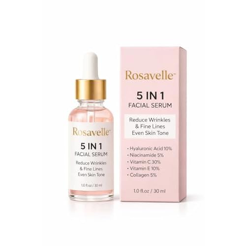 Rosavelle¢â 5-in-1 Facial Serum with Hyaluronic Acid, Vitamin C, Niacinamide, Collagen & Vitamin E | Lightweight Hydrating Face Serum for Brightening, Anti-Aging & Daily Skincare | 1.0 fl oz