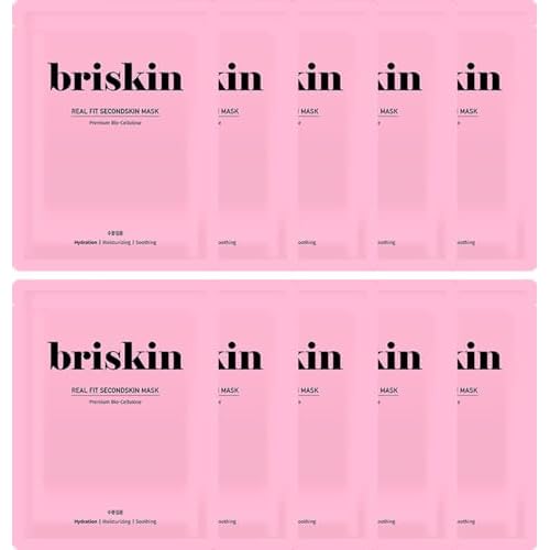 Briskin Korean Skincare Face Mask Bio-Cellulose Sheet Real Fit Secondskin Mask Moisture Concentration 1 Box (10 Sheets) for Dry, Sensitive Skin Typ