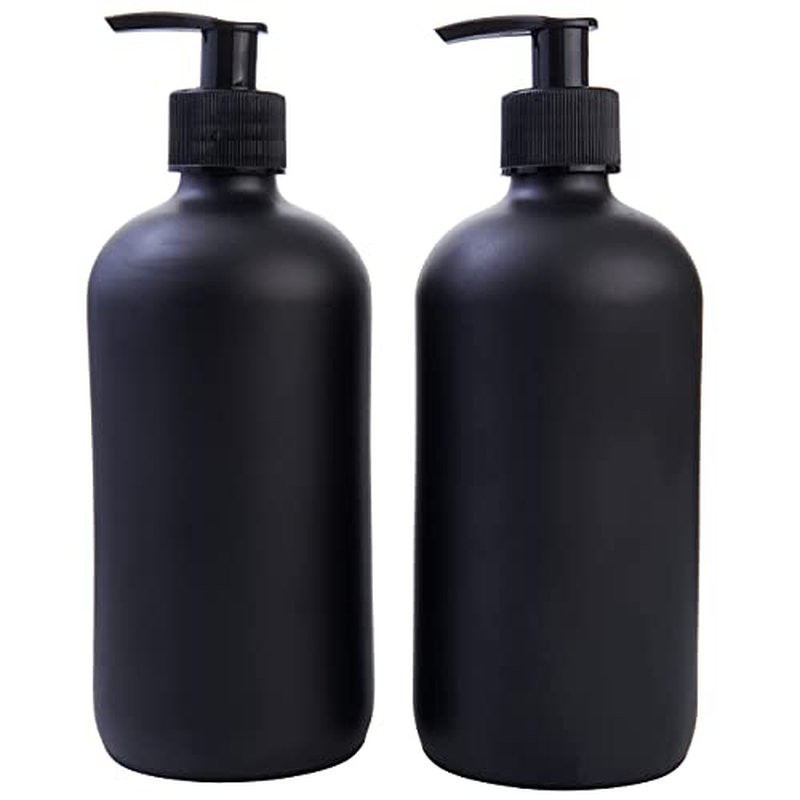Black Boston Round Glass Bottles, 16oz | Glass Spray Bottle & Soap Dispenser | Reusable for Cleaning & More | Set of 2