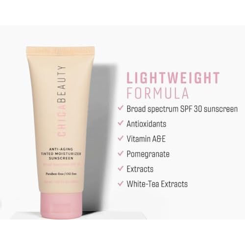 CHICA BEAUTY 3 in 1 Tinted Face Moisturizer with Anti-Aging Antioxidants, Vitamin A&E, SPF 30 Sunscreen with UVA/UVB Protection - Oil Free, Vegan, Cruelty & Paraben Free, All Skin Types - Medium Shade