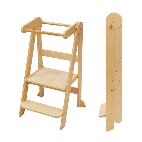 Natural Wood Foldable Toddler Learning Tower with Adjustable Heights - Preassembled Montessori Kitchen Stool for Kids 1.5-6 Years