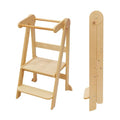 Natural Wood Foldable Toddler Learning Tower with Adjustable Heights - Preassembled Montessori Kitchen Stool for Kids 1.5-6 Years