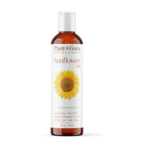 Plant Guru Sunflower Oil 4 fl oz ? Cold?Pressed, 100% Pure & Natural Carrier for Skin, Face, Body, Hair & Cooking. Great for DIY Creams, Lotions, Soaps & Lip Balms.