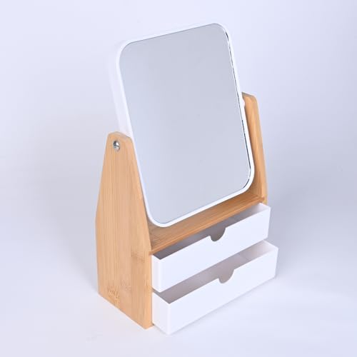 1x / 5X Magnifying Makeup Mirror, Jewelry and Cosmetics Storage Box with Double Drawers, Adjustable Natural Bamboo Stand, 360¡Æ rotatable Vertical Desktop Mirror (1, Rectangle)
