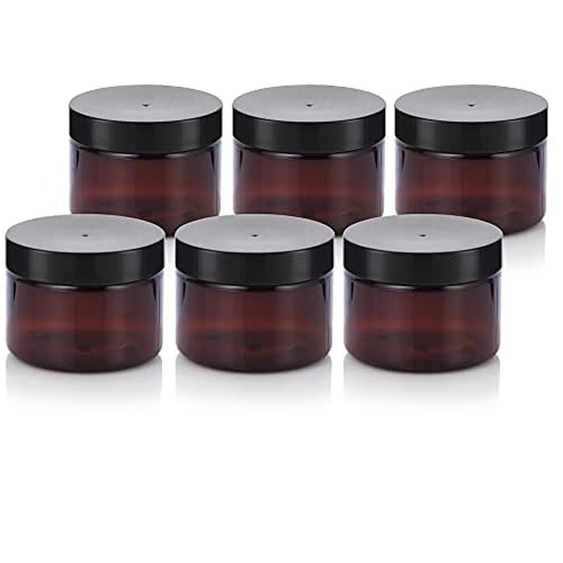 (6 pack) 3 oz Amber PET Plastic Jar with Black Smooth Lid Refillable Storage Travel