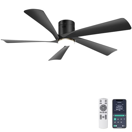 Ohniyou 52-Inch Black Low Profile Ceiling Fan with Lights & Remote Control