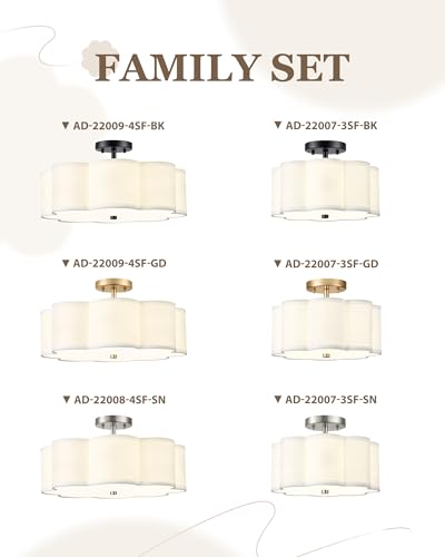 18-Inch Gold Semi-Flush Mount Ceiling Light with Flower Fabric Drum Shade - Audickic