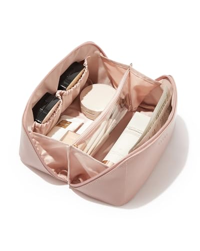 Travel Makeup Bag for Women - Medium Pink PU Leather Cosmetic Organizer