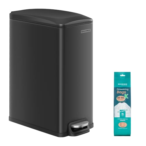 SONGMICS 13-Gallon Slim Kitchen Trash Can with Lid - Black, Stainless Steel