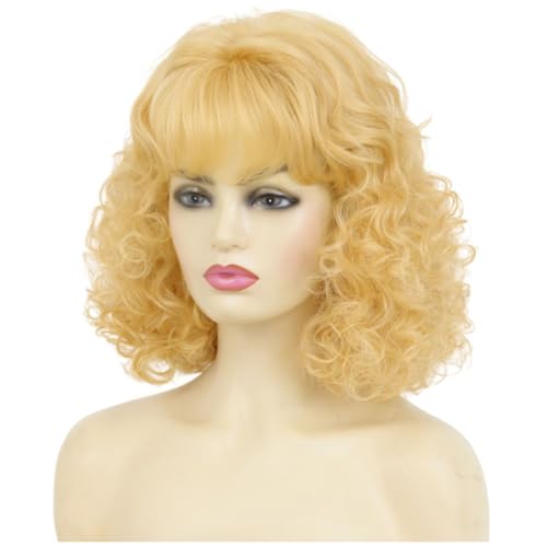 Light Blonde 70s 80s Curly Vintage Wig with Bangs for Women - Short Retro Cosplay & Halloween