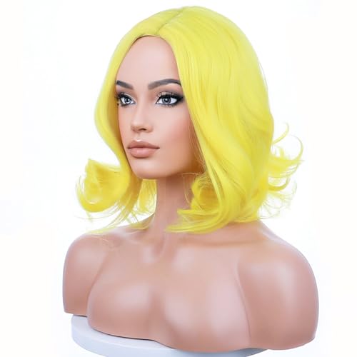 Yellow Short Curly Wavy Wig for Women Girls - Heat Resistant Synthetic Costume Cosplay