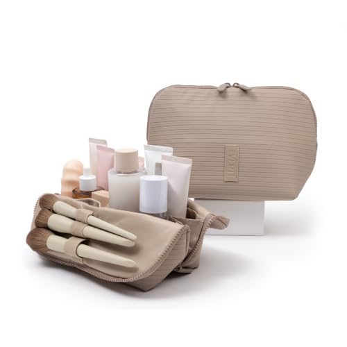 Vertical Waterproof Makeup & Toiletry Bag - 23-Pocket Organizer, Medium, Sandstone