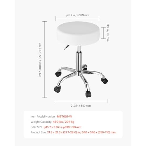 VEVOR Rolling Stool with Wheels, 450 LBS Weight Capacity Round Rolling Stool Chair, Height Adjustable Thickened PU Leather Swivel Stool for Salon, Spa, Massage, Tattoo, Clinic, White
