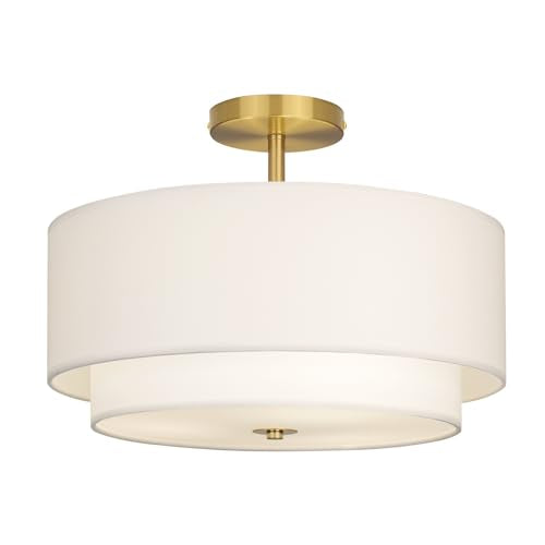 Gold 16-Inch Dual Drum Ceiling Light Fixture with White Fabric Shades