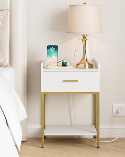 Nightstand with Charging Station - White & Gold Bedside Table with Drawer & Open Shelf - Variation: White-Outlet