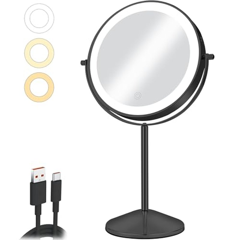 8" Vanity Mirror with Lights Rechargeable, 1X/10X Magnifying Makeup Mirror with Touch Screen, 54 LED Adjustable Brightness, 3 Color Modes, 360¡Æ Rotation for Tabletop & Bedroom