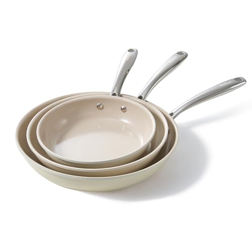 Ceramic Non-Stick Frying Pan Set - Beige White, 8, 9.5 & 11 Inch
