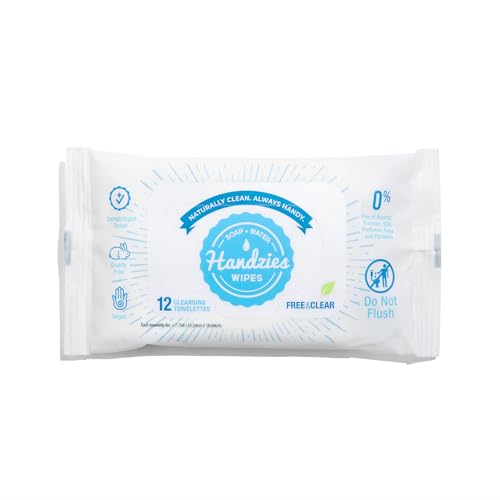 Handzies Natural Soap and Water Cleansing Towelettes- Free&Clear- 12ct Travel Pack- Bundle of 6 (72 total towelettes)