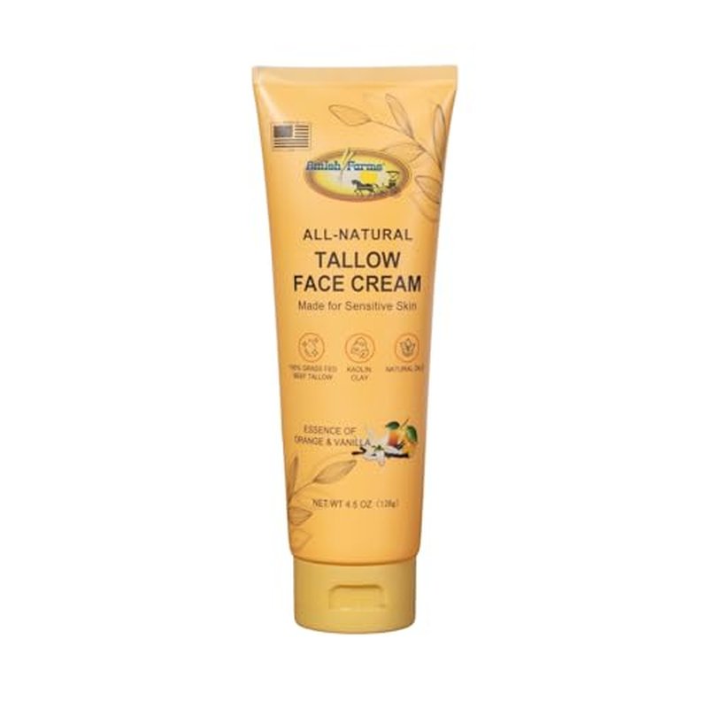 Amish Farms Tallow Face Moisturizer ? Handcrafted Grass-Fed Beef Tallow Face Cream with Kaolin Clay, Natural Oils, Orange & Vanilla (4.5 oz Tube)