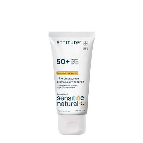 BIO SPECTRA ATTITUDE Mineral Baby Sunscreen SPF 50 Unscented 3 oz - Broad Spectrum Zinc Oxide, Non-Nano, Gentle Sun Protection for Sensitive Skin