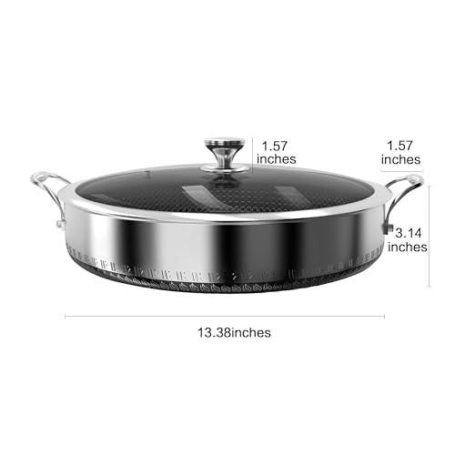 8QT Stainless Steel Nonstick Wok with Lid & Double Handles - Hex Design