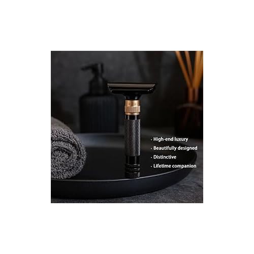 Luxurious and beautifully adjustable safety razor£¬best razors for men£¬with 10 platinum-plated razor blades, 1 blade razors reusable smooth close shave (Black + Base)