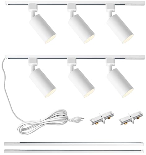 LRAEMXG White 6-Light Plug-in Track Lighting Kit with 6.6FT Rails, Adjustable GU10 Ceiling Spotlights for Kitchen & Home