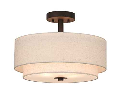 16-Inch Linen Drum Semi Flush Ceiling Light - Dark Bronze Finish