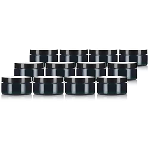 JUVITUS (12 Pack) 8 oz Green PET Plastic Low Profile Jar with Black Smooth Lid