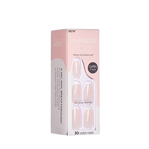 KISS imPRESS No Glue Mani Press On Nails, 'Serendipity', Pink, Medium Size, Coffin Shape, Includes 30 Nails, Prep Pad, Instructions Sheet, 1 Manicure Stick, 1 Mini File