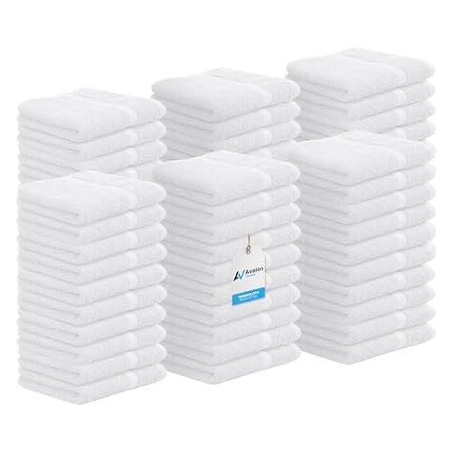 Avalon Towels Cotton Washcloths ? (Pack of 60) Size 12x12 Inches, 100% Ring Spun Cotton, Soft & Absorbent Face Towels, Gym Towels, Hotel and Spa Quality, Reusable Fingertip Towels (White)