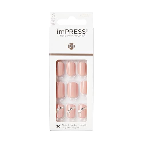 KISS Impress Press-On Manicure Fake Nails, Crystal Blossom - Short Length, Squoval Shape, Polish-Free Pink with Rhinestone Design Mani, Includes Prep Pad, Mini File, Manicure Stick, and 30 Fake Nails